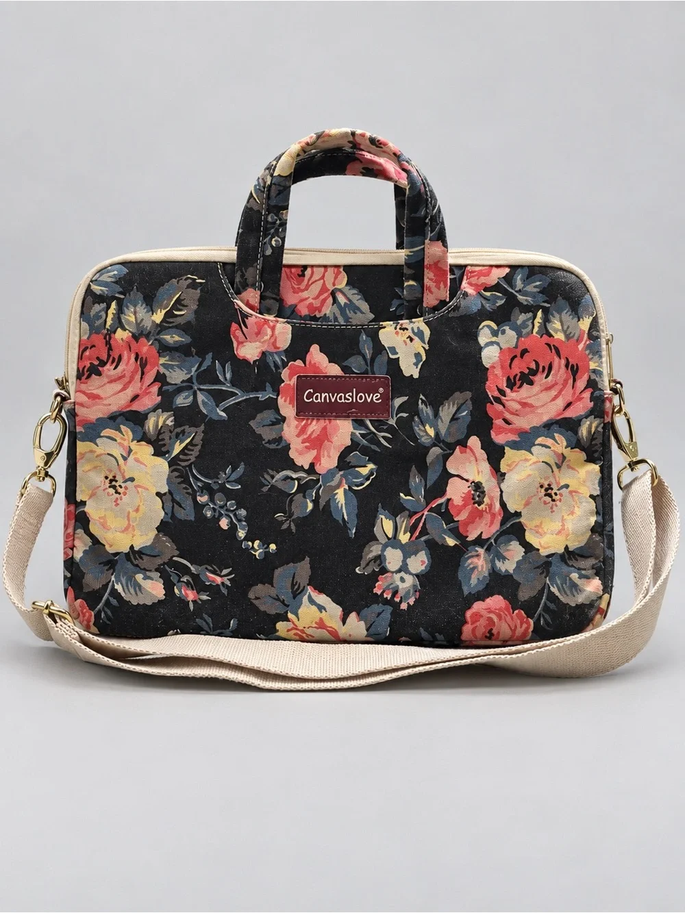 Bella Canvas Black Floral Laptop Tote with Pink and Cream Roses